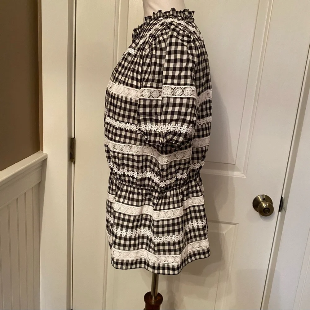 J. CREW NEW TOP BLOUSE BLACK WHITE GINGHAM CHECK LACE SHORT PUFF SLEEVE SIZE M